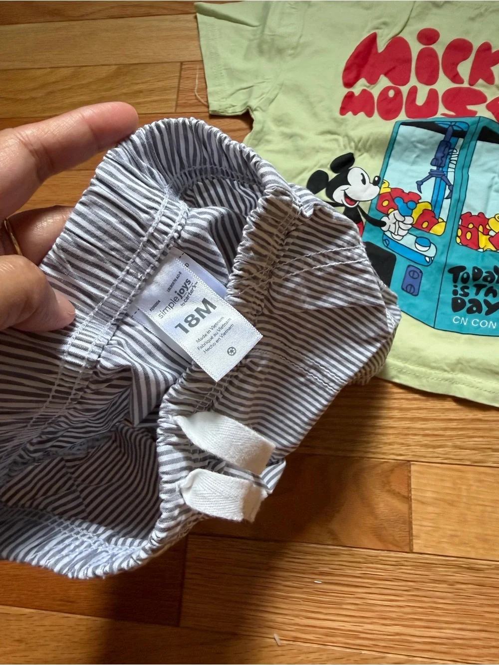 Simple Light Green Mickey Mouse Tee & Blue Stripe Shorts Set